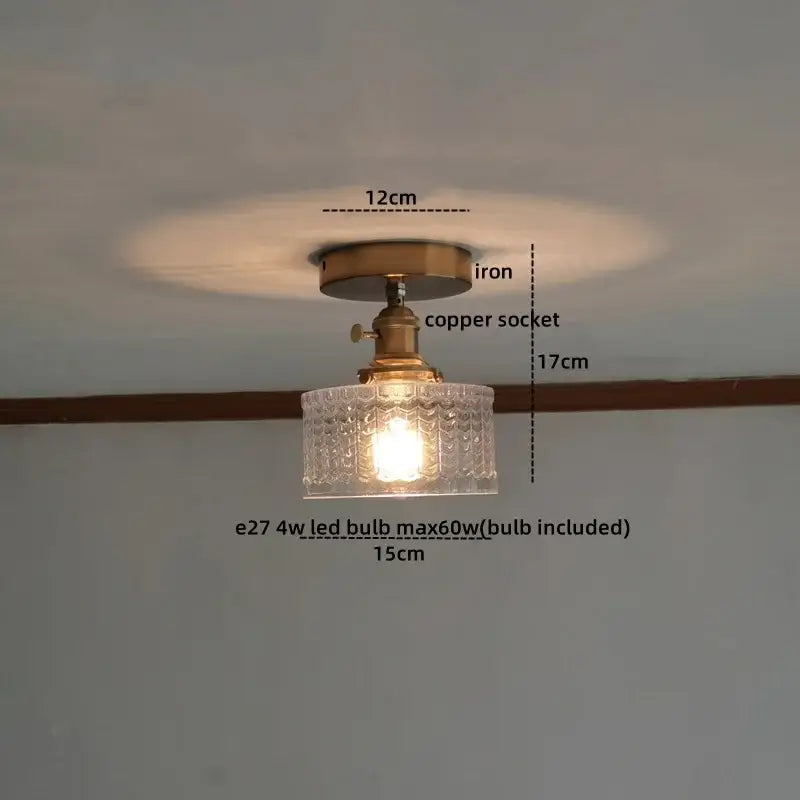 DecorBites™ LED glass ceiling lamp with brass iron base copper socket and clear textured glass shade for indoor lighting