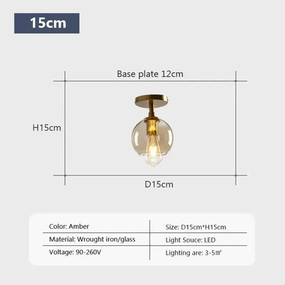 Amber-colored DecorBites LED glass ceiling light with spherical globe and wrought iron fixture for modern spaces