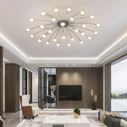 Modern chrome-finished decorbites led glass chandelier with multiple spherical bulbs in a starburst pattern for home decor