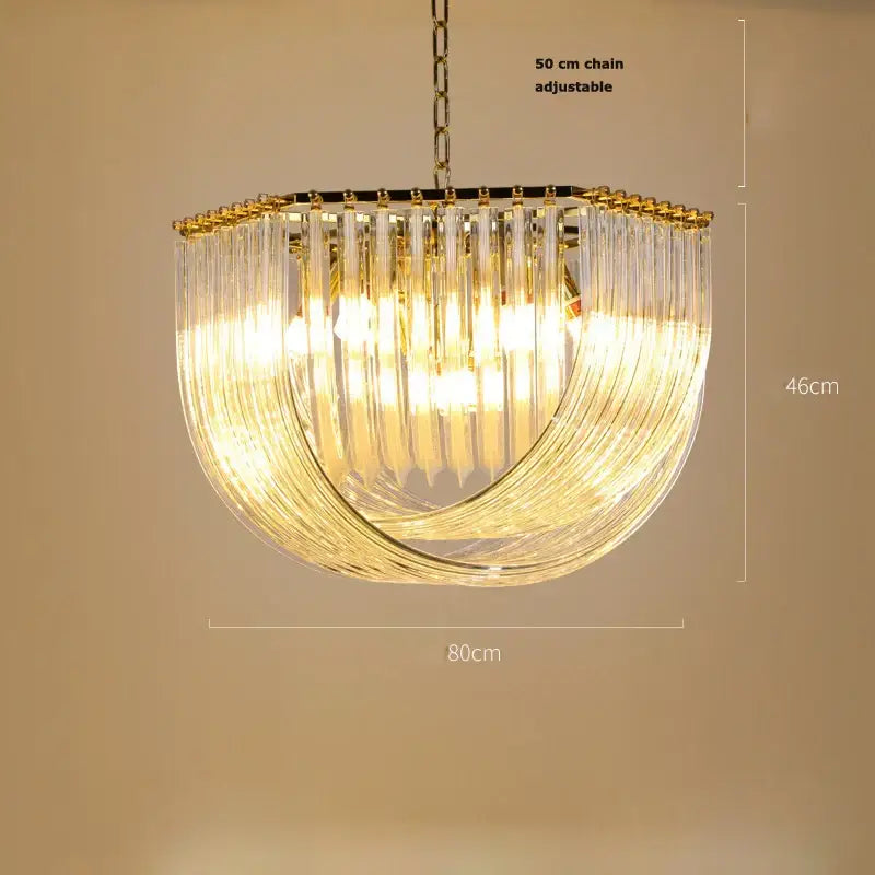 DecorBites LED glass chandelier with clear prisms and gold metal frame for modern foyer lighting design