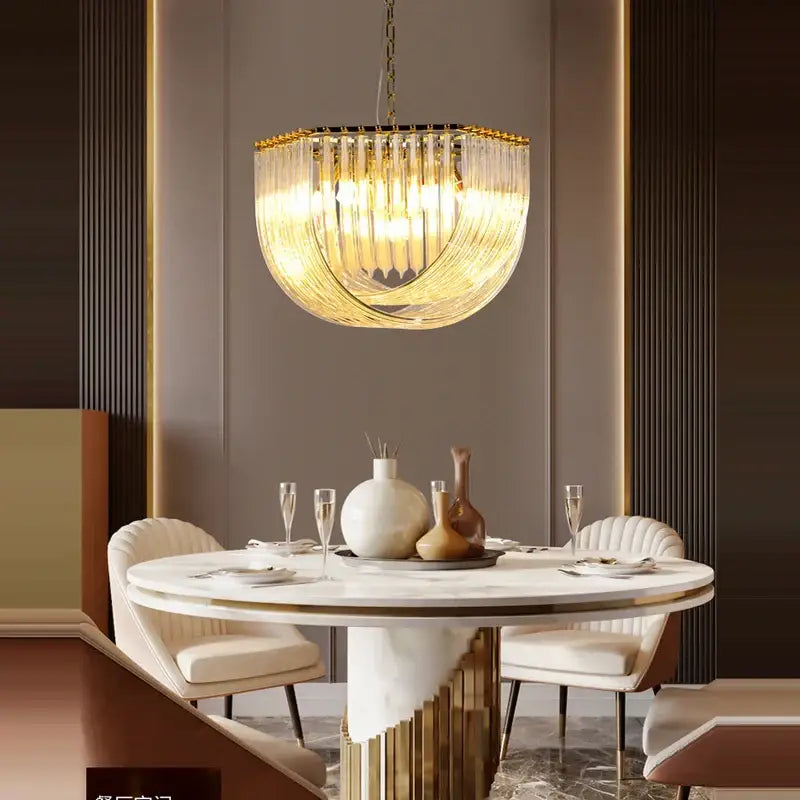 DecorBites LED glass chandelier with golden cascading crystal prisms in stainless steel for modern dining spaces