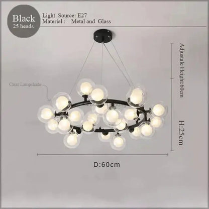 Black metal and glass DecorBites LED glass chandelier pendant lamp with 25 clear lampshades for living room lighting