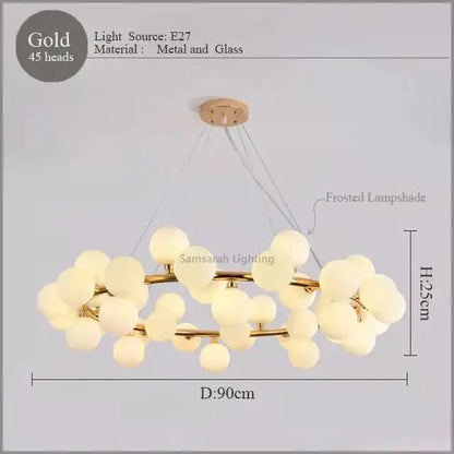 Gold DecorBites LED glass chandelier pendant lamp with 45 frosted glass lampshades in a modern spherical design