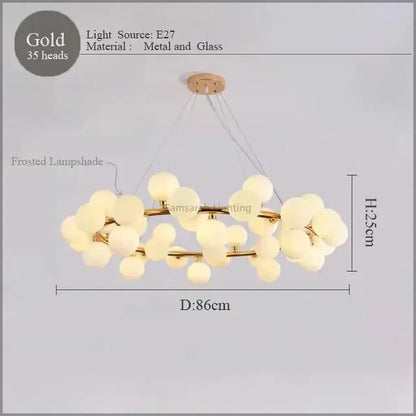 Gold-toned decorbites led glass chandelier pendant lamp with 35 frosted glass globes on wooden ceiling mount