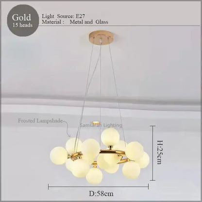 DecorBites LED glass chandelier pendant lamp with 15 frosted glass globes in gold tone for living room lighting