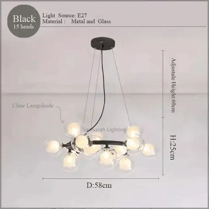 Black metal and glass decorbites led glass chandelier pendant lamp with 15 clear lampshades for living room lighting