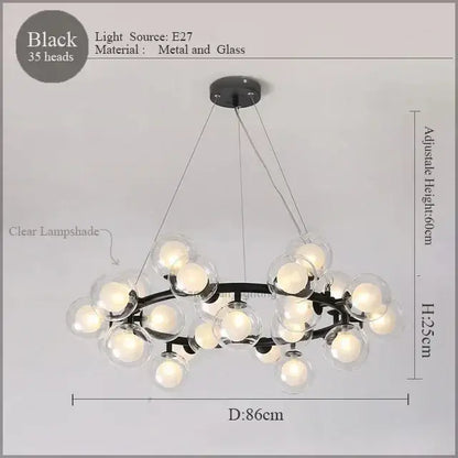 Black metal decorbites led glass chandelier pendant lamp with 35 clear glass globes for living room lighting