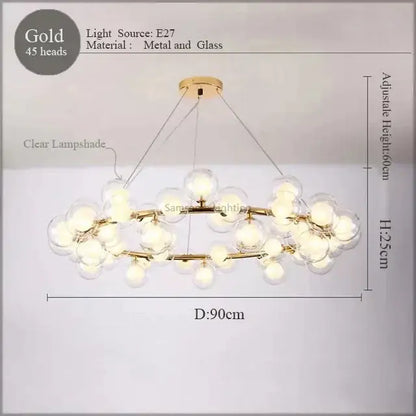Gold pendant lamp decorbites led glass chandelier with 45 clear glass lampshades metal frame for living room lighting