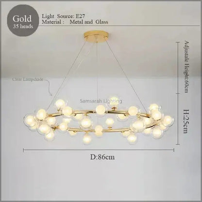 Gold DecorBites led glass chandelier pendant lamp with 35 clear glass lampshades and metal frame for living room lighting