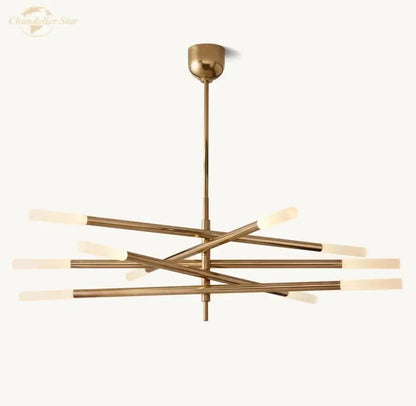 Brass-finished decorbites led glass chandelier with intersecting rods and frosted glass for modern pendant lighting