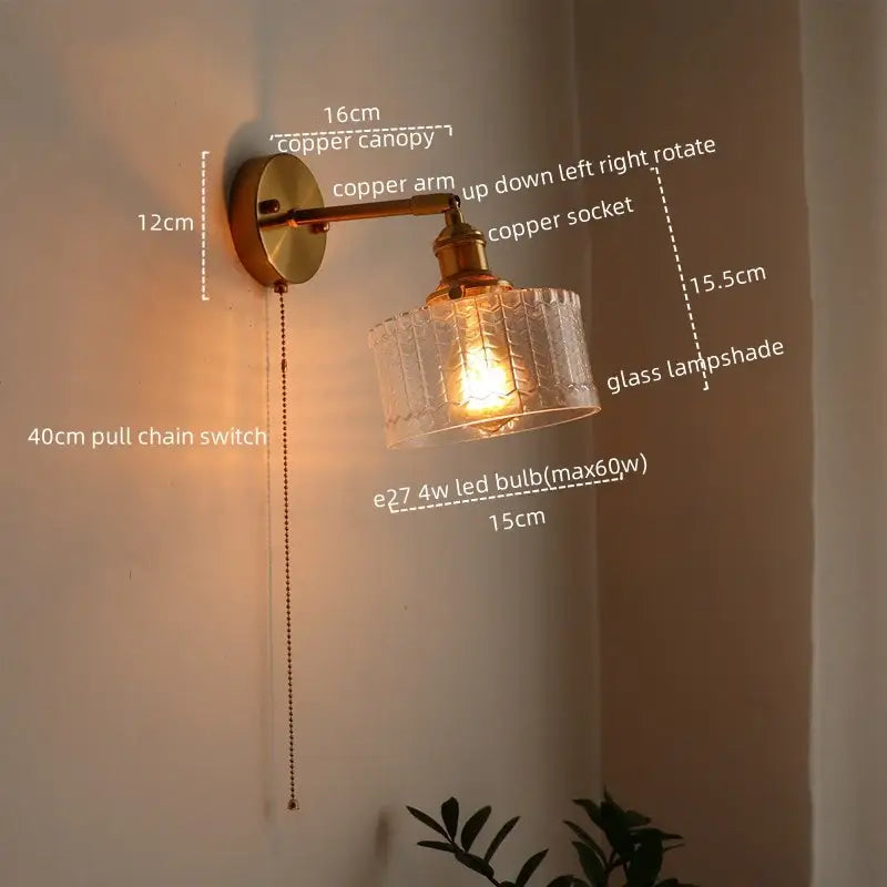 DecorBites™ copper wall sconce with textured glass lampshade and pull chain switch for bedroom and living room use