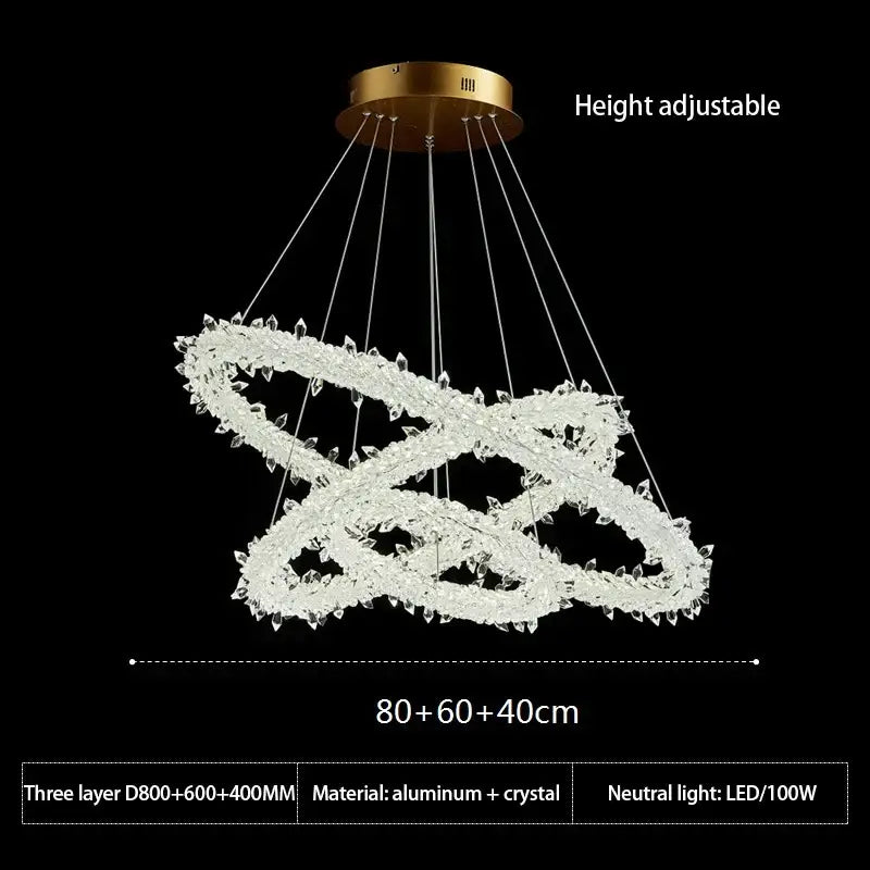 DecorBites led glass crystal chandelier with three interlocking rings in white lustre and gold-toned aluminum mount
