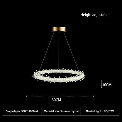 DecorBites™ led glass crystal chandelier white lustre pendant light with gold mount and clear crystal bead ring emitting neutral led light