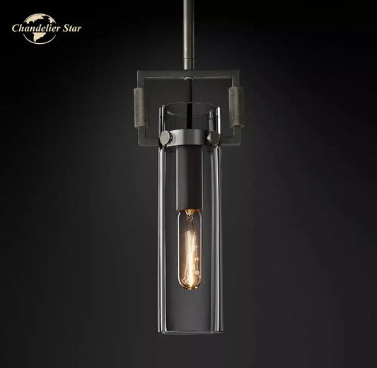Industrial-style decorbites led glass pendant lights with dark matte metal frame and clear glass cylinder for kitchen islands