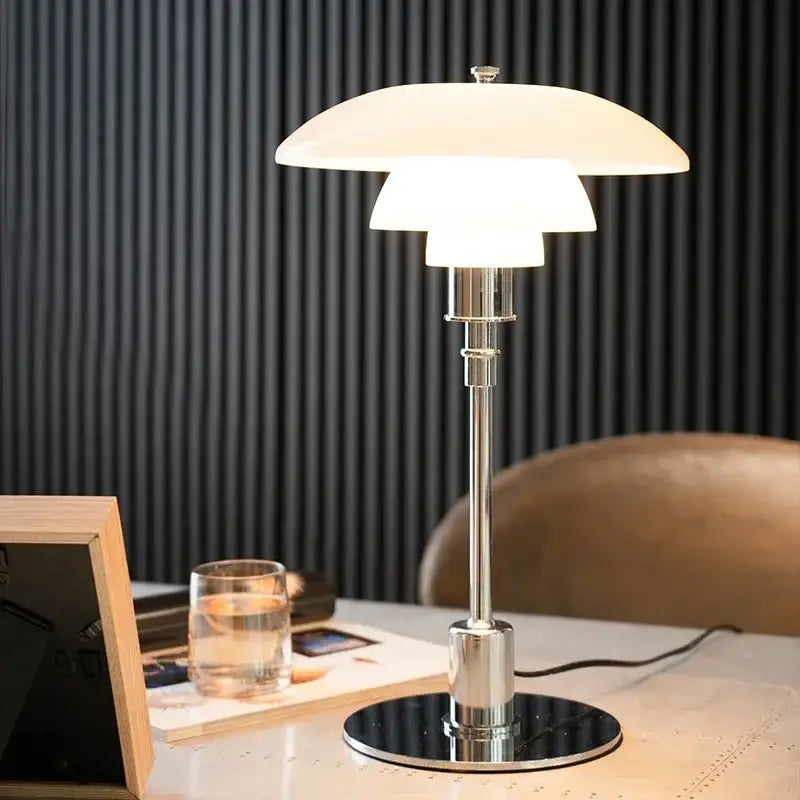 DecorBites led glass desk lamp with layered white opal glass shade and polished chrome base for living room or bedroom