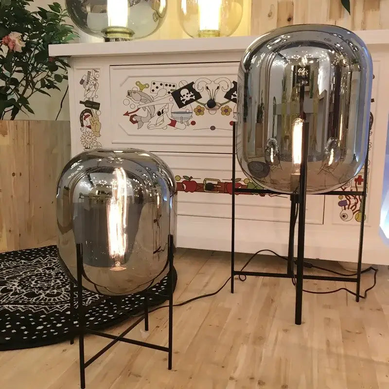 Shiny silver mirrored globe decorbites led glass floor lamp with black metal stand modern minimalist design