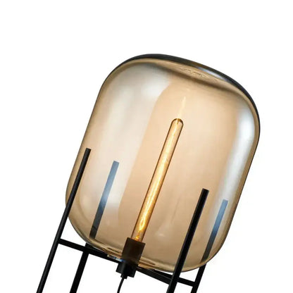 Warm amber glass decorbites led glass floor lamp with black metal frame and exposed filament bulb modern minimalist design