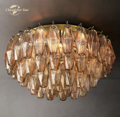 Decorbites led glass flushmount ceiling lamp with a warm-toned faceted glass shade and brass finish metal frame