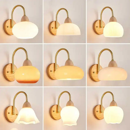 DecorBites™ warm-toned oval glass wall light fixture with brass arms and wooden backplates for modern Nordic decor