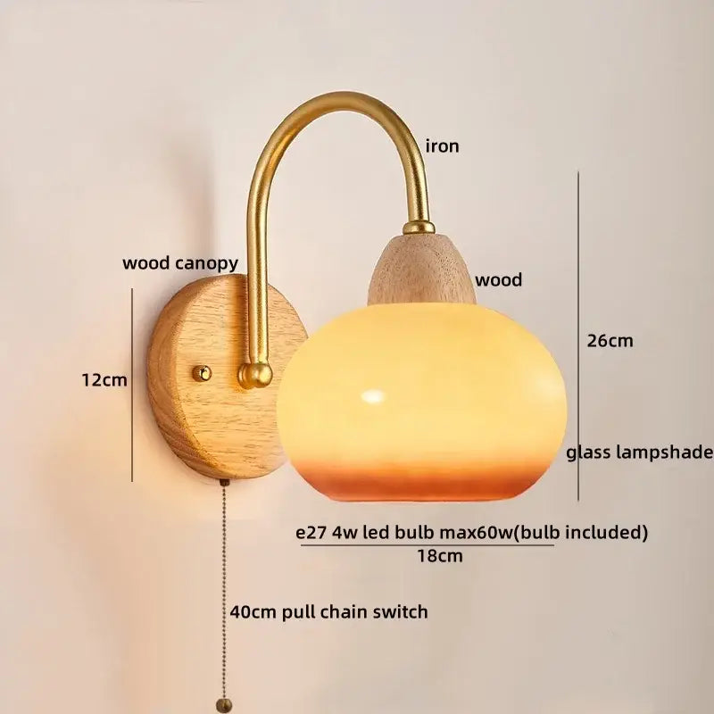 DecorBites™ modern nordic wall light fixture with warm-toned glass shade brass iron arm and wooden canopy for bedside use