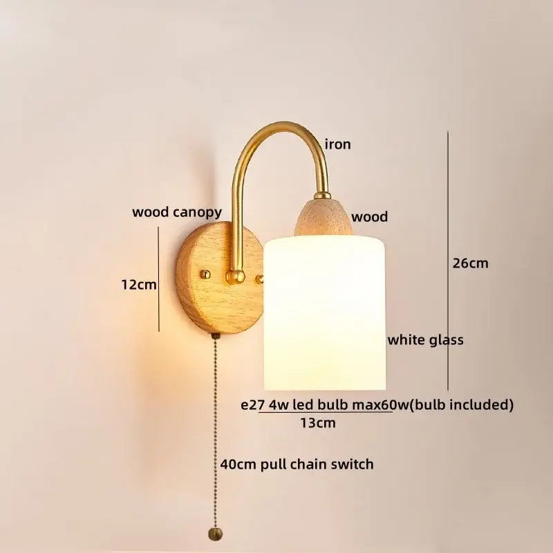 DecorBites LED glass iron wood wall light fixture with brass arm and white frosted glass shade for modern bedside use