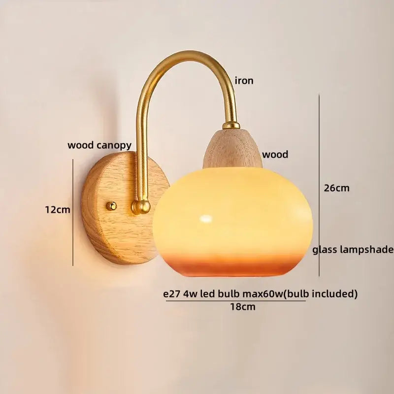 Decorbites™ warm-toned glass wall light fixture with brass iron arm and wooden canopy for modern bedside use