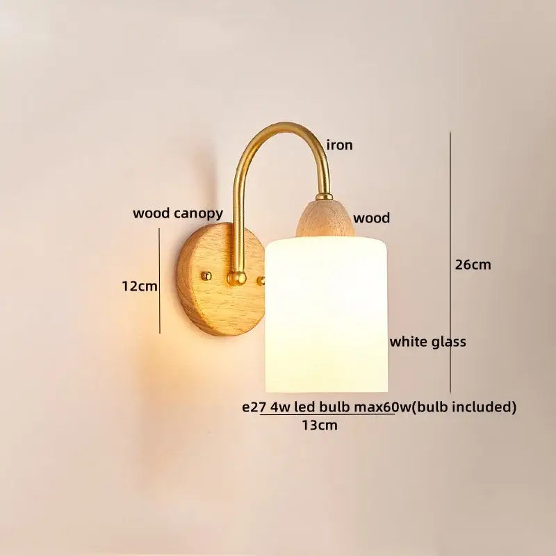 DecorBites™ wall light fixture with brass iron arm, circular wood canopy, and white glass shade for bedside use