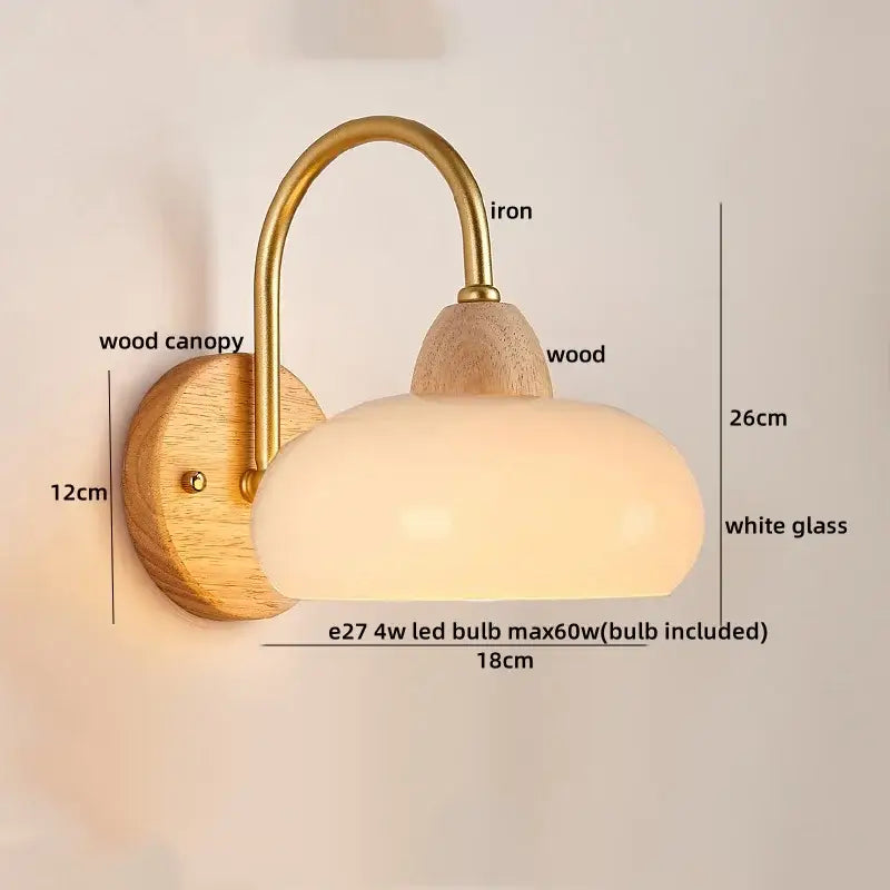 DecorBites LED wall light fixture with brass iron arm wooden canopy and oval white glass shade for bedside lighting
