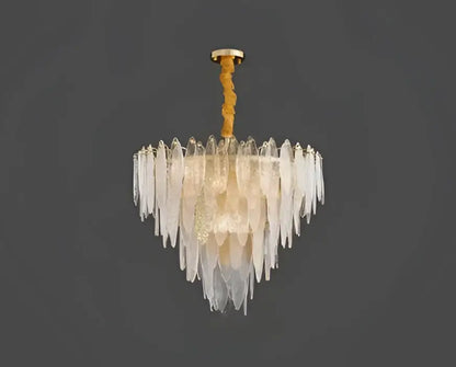 Decorbites led glass metal leaf chandelier with cascading translucent glass leaves and twisted gold-toned chain for luxury lighting