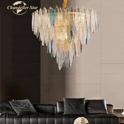 Elegant decorbites led glass metal leaf chandelier with layered iridescent white and blue shades for luxury home decor