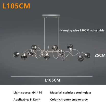 Chrome and smoke grey pendant chandelier with stainless steel frame and glass spheres decorbites led glass pendant