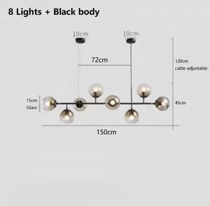 Modern black metal pendant chandelier with eight spherical glass globes decorbites led glass for dining room decor