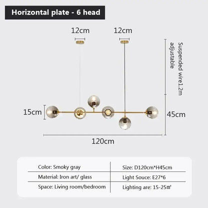 Smoky gray modern pendant chandelier with six glass shades on iron frame decorbites led glass for dining room decor