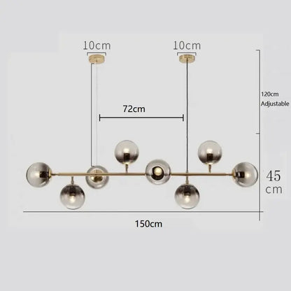 Modern brass-toned DecorBites LED glass pendant chandelier with seven spherical globes for dining room or bedroom decor