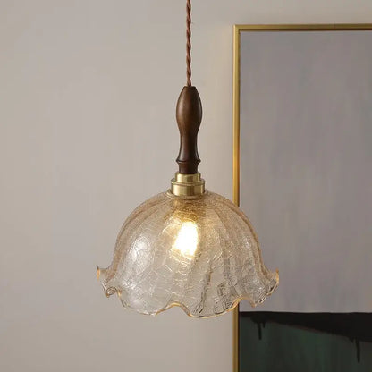 DecorBites™ LED glass pendant light chandelier with warm-toned textured glass, dark wood handle, and brass accents for dining room