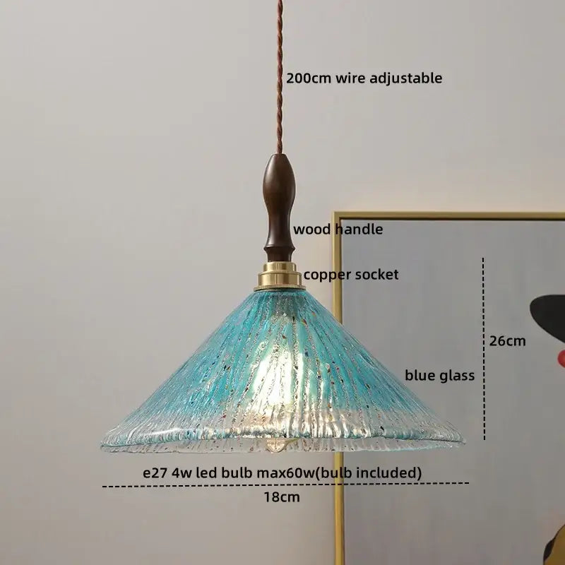 Decorbites led glass pendant light chandelier with blue ripple-textured glass and dark wood handle for modern dining room