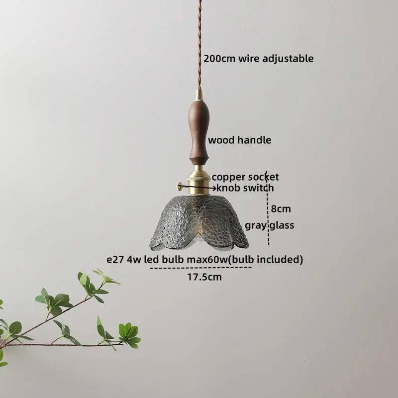 DecorBites™ LED glass pendant light chandelier with delicate gray textured glass and wooden handle for modern dining room