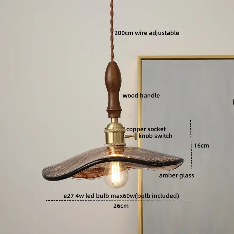 DecorBites™ LED glass pendant light with warm amber glass, wooden handle, copper socket, and adjustable 200cm wire