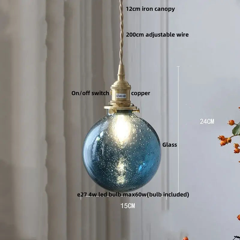 DecorBites™ blue speckled glass pendant light fixture with brass copper switch and iron canopy for study and kitchen