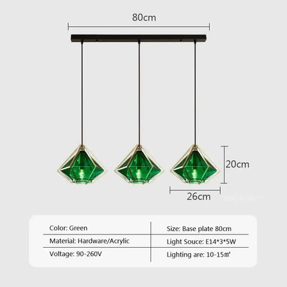 Set of three emerald green faceted acrylic pendant lights with black hardware by DecorBites LED glass pendant