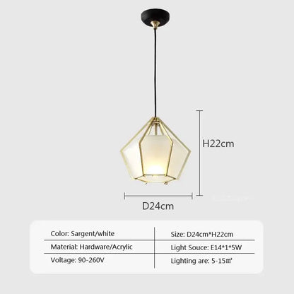 Sargento white geometric pendant light with brass frame and acrylic shade in DecorBites led glass pendant style