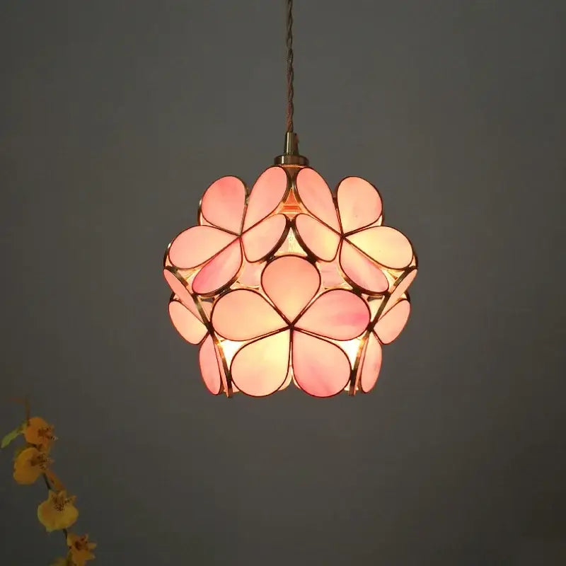 Pink floral pendant lights with stained glass petals and brass frame decorbites led glass for modern luxury decor