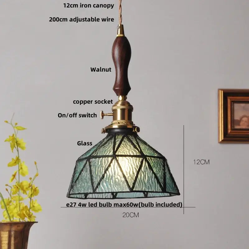 Decorbites led glass pendant lights with dark walnut handle brass hardware and teal geometric glass shade for modern decor