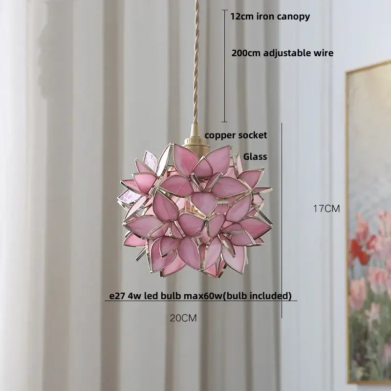 Pink glass flower pendant light with copper socket and adjustable wire from decorbites led glass pendant lights collection