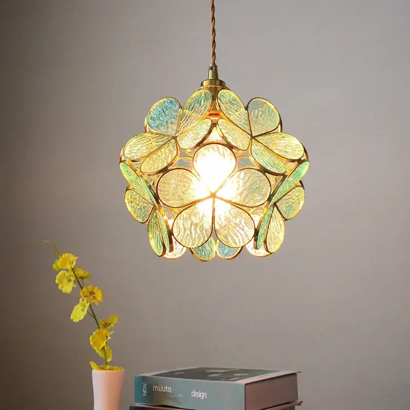 Decorbites led glass pendant lights featuring translucent green and yellow multi-petaled floral glass design