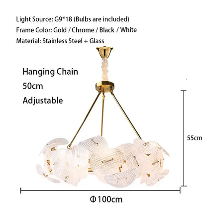 Elegant gold-toned decorbites led glass petal chandelier with delicate translucent glass petals for dining table lighting