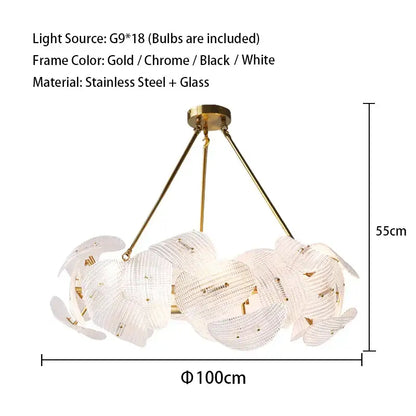 Elegant white glass petal chandelier with gold-toned stainless steel frame and 18 g9 bulbs by DecorBites led glass