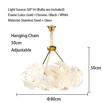 Gold-toned decorbites led glass petal chandelier with cascading translucent glass petals on adjustable 50cm chain