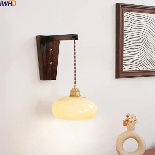 Decorbites led glass wall lamp with warm amber glass pendant light brass fixture and dark wood bracket