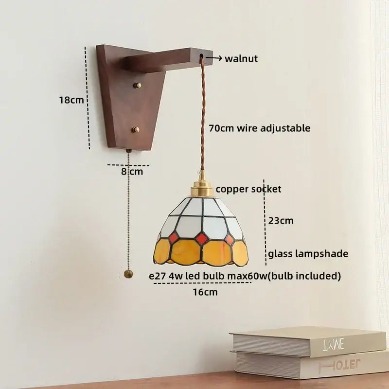 DecorBites led glass sconce wall lamp with geometric white yellow red stained glass and brass-finished copper socket